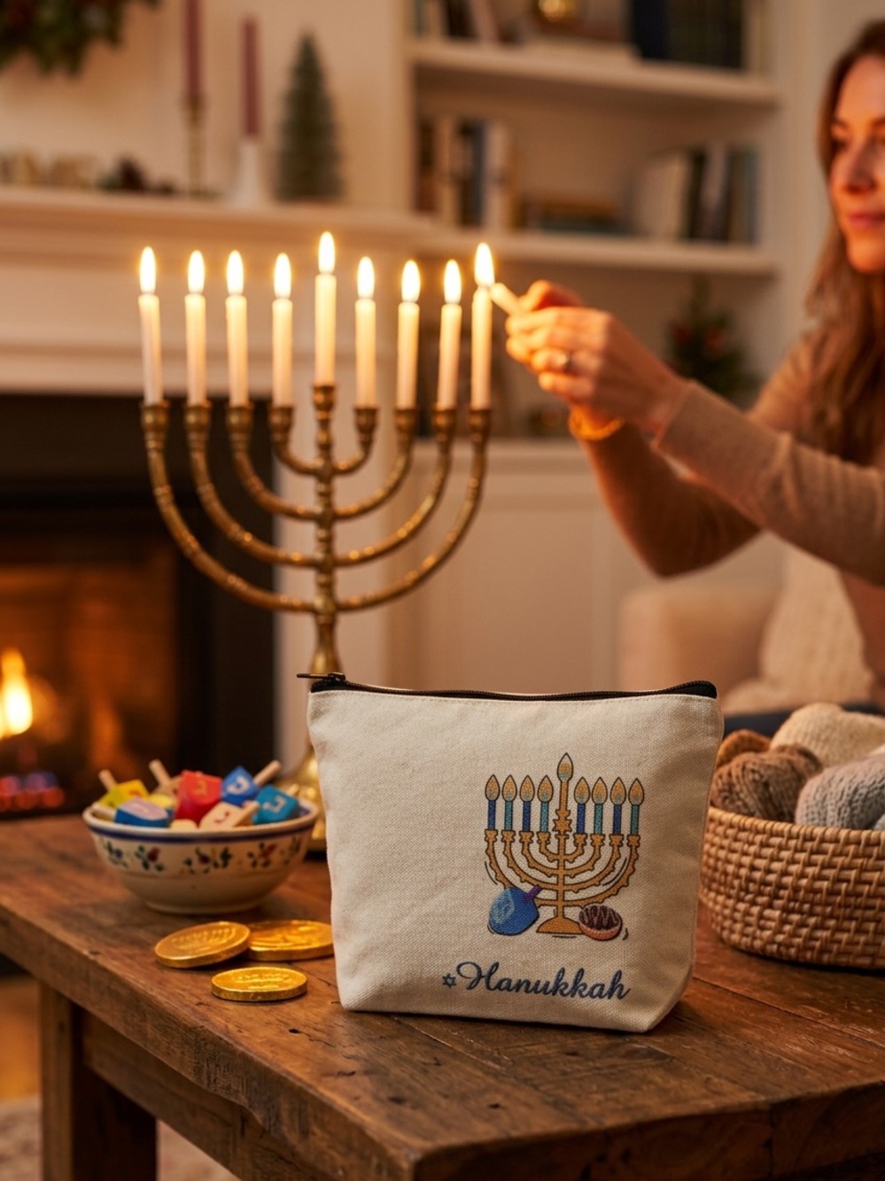 Peace Love Hanukkah Canvas Zip Pouch - Blue & Gold